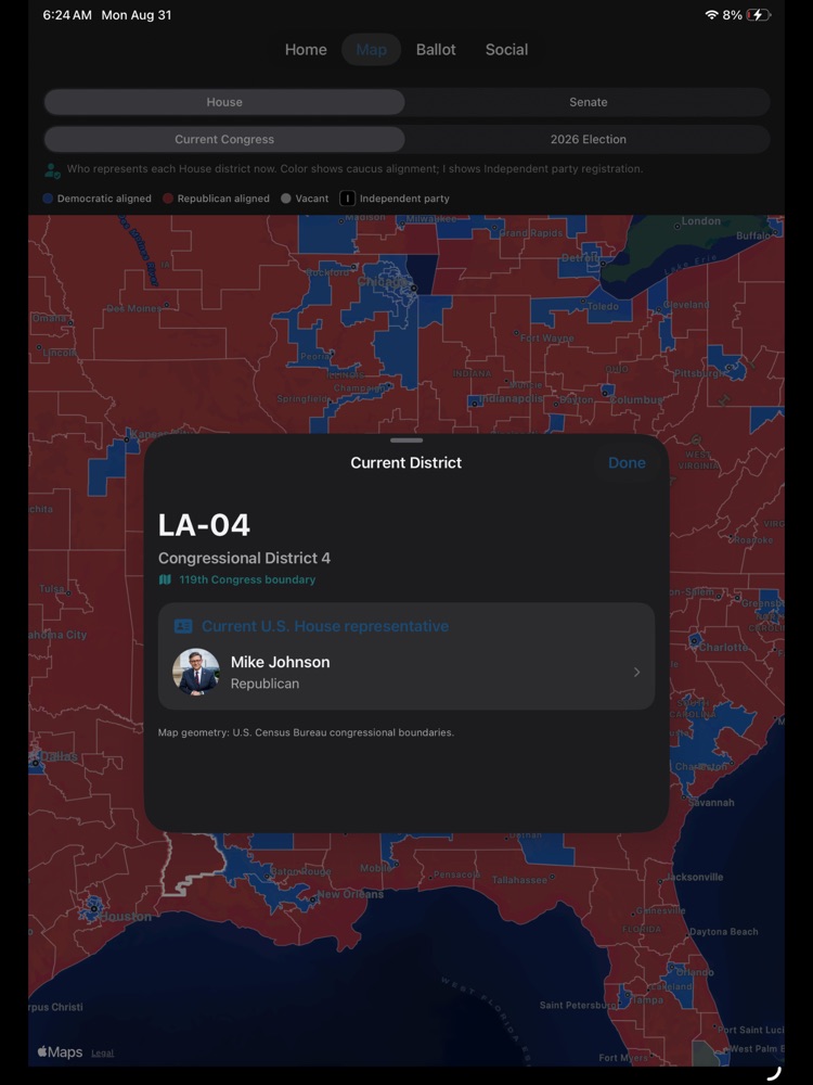 Political Social congressional map and district details on iPad