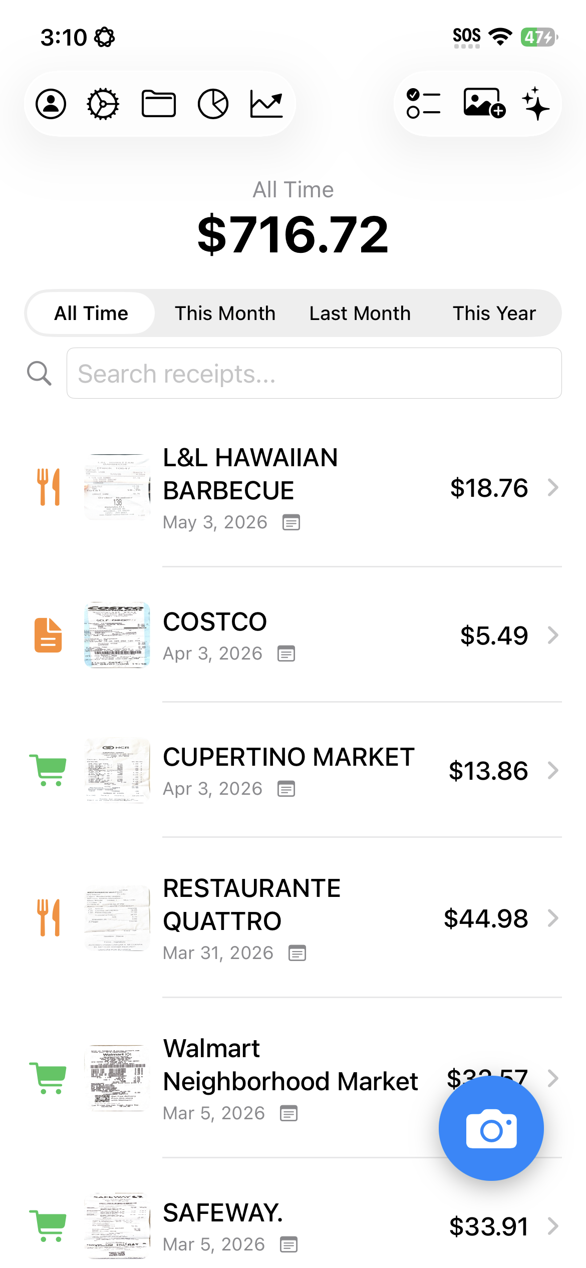 Receipt Savior showing searchable receipts and spending totals
